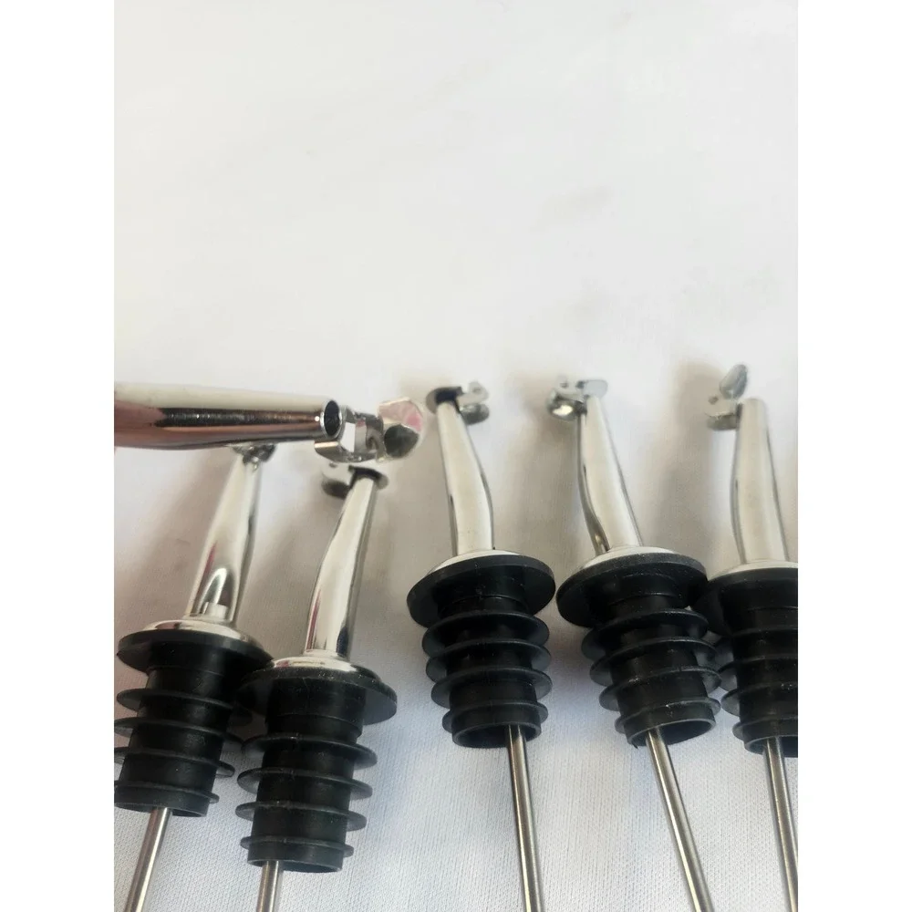 Set of 8 Stainless Steel Weighted Liquor Bottle Pourers W/ Flip Top Lids Silver